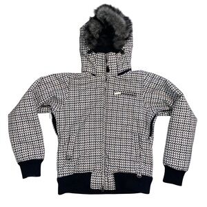 Roxy Snow Houndstooth Ski Jacket Womens Small Faux Fur Hood 5K Waterproof Brown